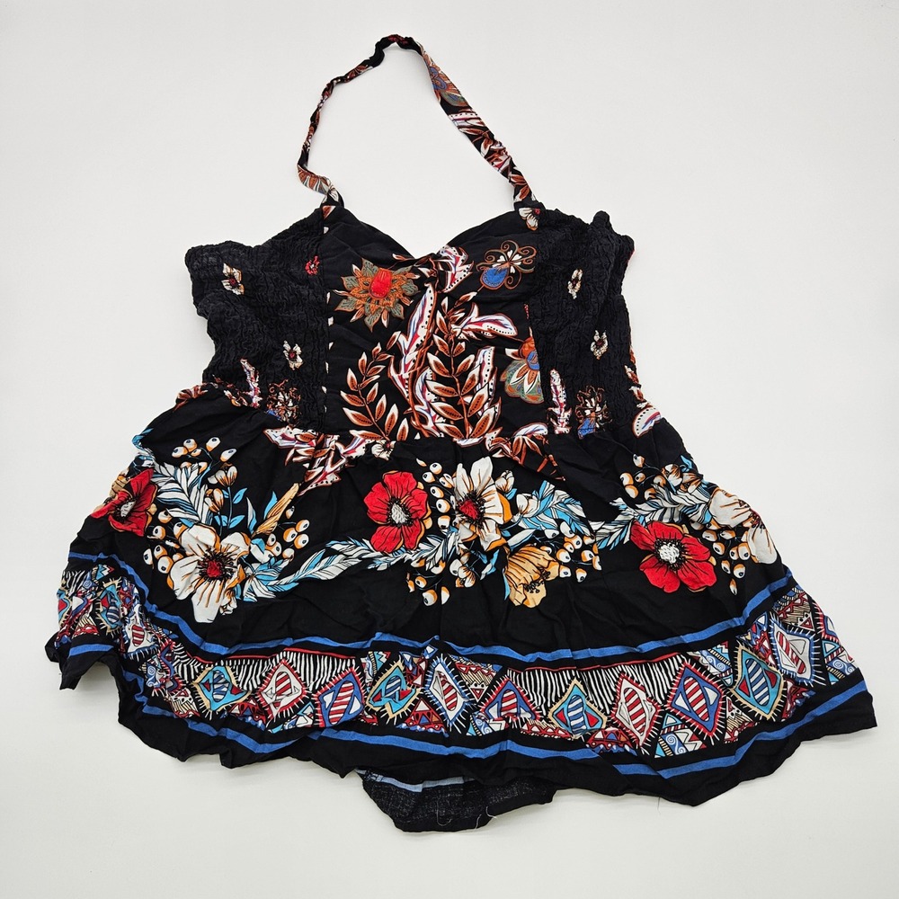 Weekend Suzanne Betro Black Floral Smocked Halter Dress XL Bohemian‎